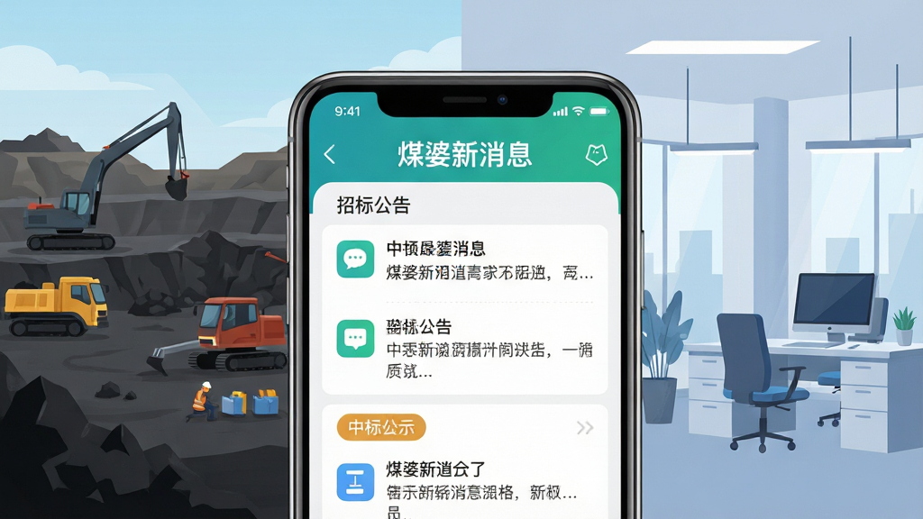 画面中央展示一部智能手机,手机屏幕显示“煤婆新消息”应用界面,界面中有招标公告列表和中标公示标签,背景为煤炭矿区与现代化办公场景融合,布局采用居中构图,风格为扁平化科技插画,细节包括手机边框高光、图标清晰、文字“煤婆新消息”醒目,画质高清,干净,无多余元素