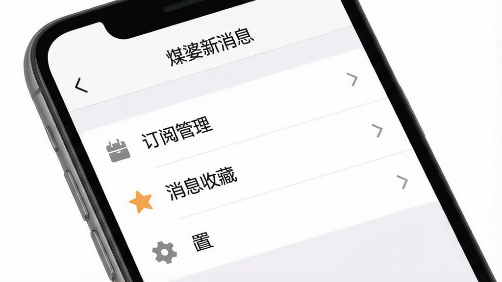 手机屏幕展示煤婆新消息的“我的”页面,页面中包含“订阅管理”、“消息收藏”、“设置”等菜单项,布局为纵向列表,风格为简约商务,细节包括图标、箭头指示、文字“煤婆新消息”在顶部,画质高清,干净,无多余元素