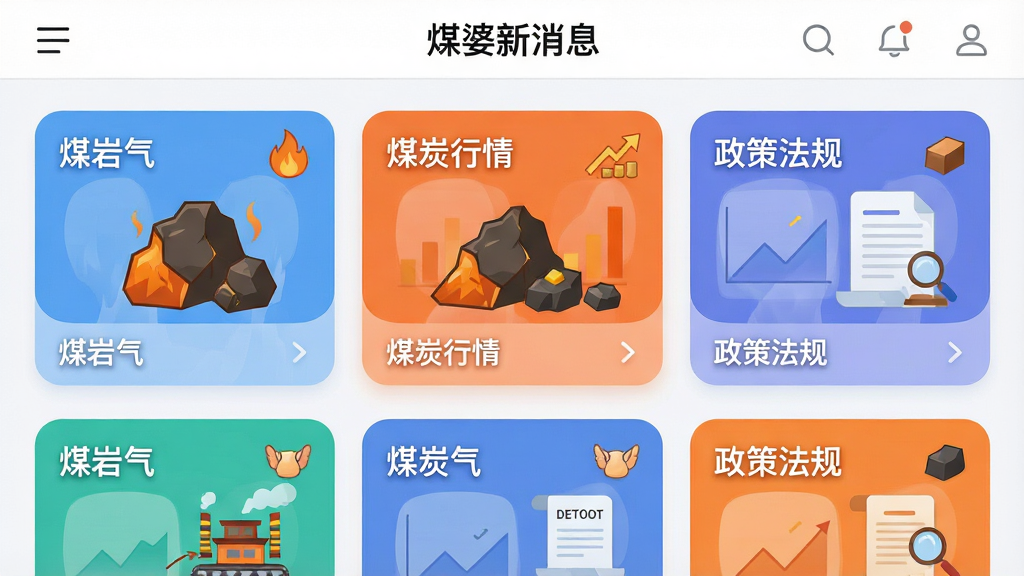 信息聚合界面展示,画面分为多个资讯卡片模块,卡片标题包含“煤岩气”、“煤炭行情”、“政策法规”,布局为网格状排列,风格为信息图表插画,细节包括卡片圆角、图标点缀、文字“煤婆新消息”在顶部导航栏,画质高清,干净,无多余元素