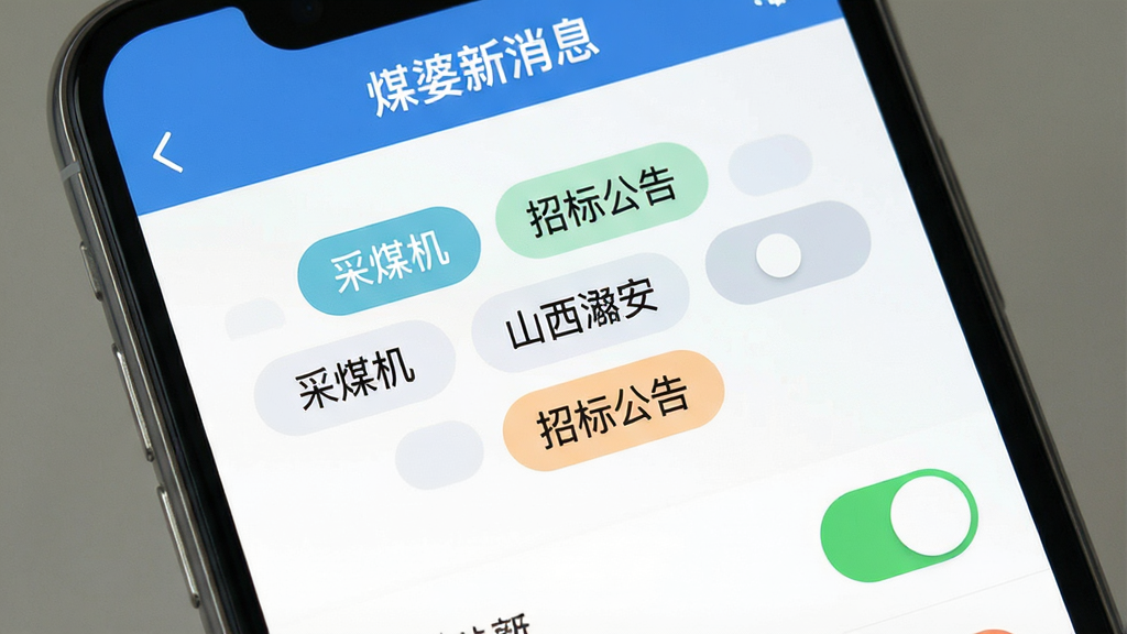 手机屏幕展示订阅设置页面,页面中有多个关键词标签如“采煤机”、“山西潞安”、“招标公告”,布局为标签云与开关按钮结合,风格为清新扁平化,细节包括关键词高亮、开关状态、文字“煤婆新消息”在标题栏,画质高清,干净,无多余元素