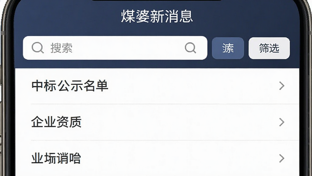 手机界面展示企业信息查询结果列表,列表中包含“中标公示名单”、“企业资质”等条目,布局为列表式,风格为商务简洁风,细节包括搜索框、筛选按钮、文字“煤婆新消息”在页面顶部,画质高清,干净,无多余元素