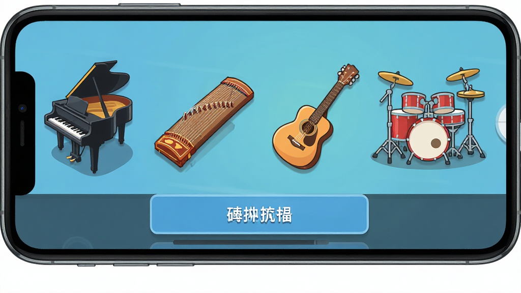 乐器演奏模拟器软件内多乐器切换界面的详细展示图,画面主体为手机屏幕,屏幕中横向排列钢琴、古筝、吉他、架子鼓等乐器图标,图标下方显示当前选中乐器的名称,布局采用上下分层设计,风格为扁平化卡通风格,细节包含乐器图标的高光与阴影,画质清晰,干净无多余元素