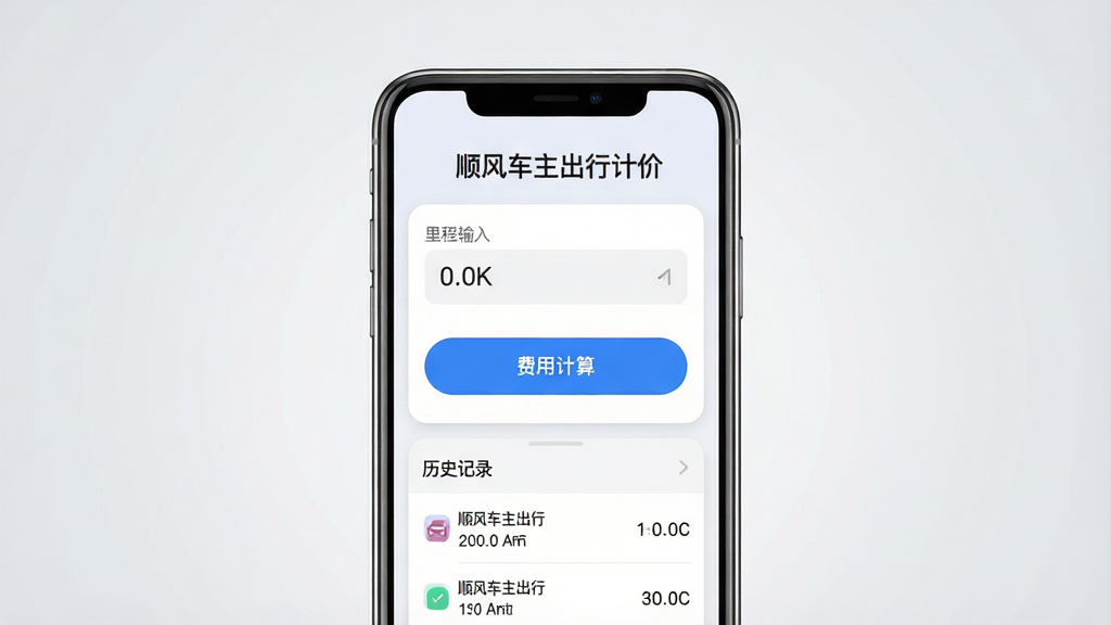 一张手机应用界面展示图,画面中央放置一部竖屏智能手机,屏幕内显示顺风车主出行计价的首页界面,界面顶部为软件名称“顺风车主出行计价”,中部为里程输入框与费用计算按钮,底部为历史记录列表,背景为浅灰渐变,风格简洁清爽,细节包含圆角卡片、蓝色主按钮、清晰的数字排版,画质高清,干净,无多余元素