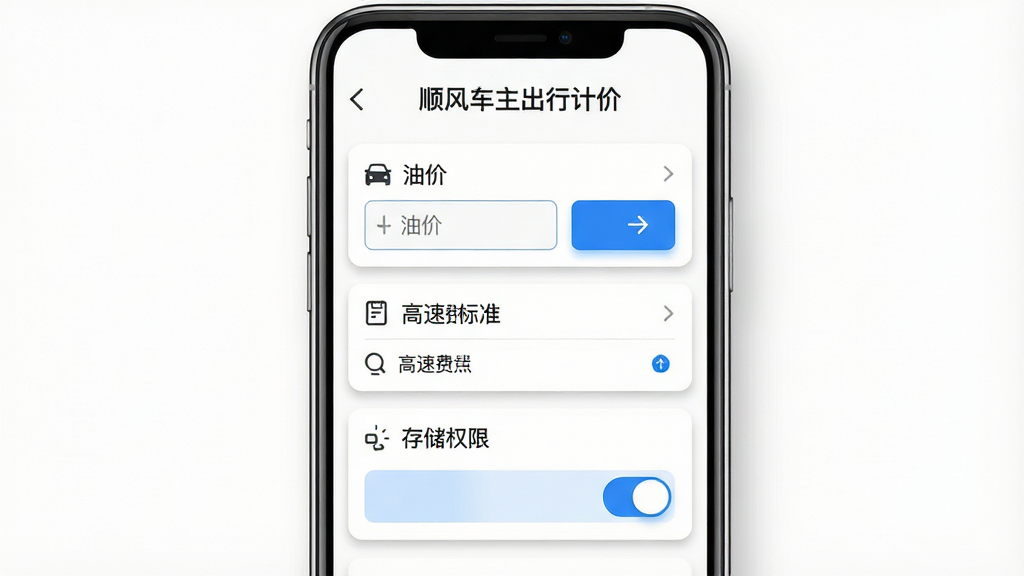 一张操作指引图,画面为手机屏幕中显示顺风车主出行计价的设置页面,屏幕内包含油价输入框、高速费标准选项、存储权限开关,顶部标注“顺风车主出行计价”,背景为白色简洁风格,细节包含清晰的设置项图标、蓝色高亮按钮、柔和阴影,画质高清,干净,无多余元素