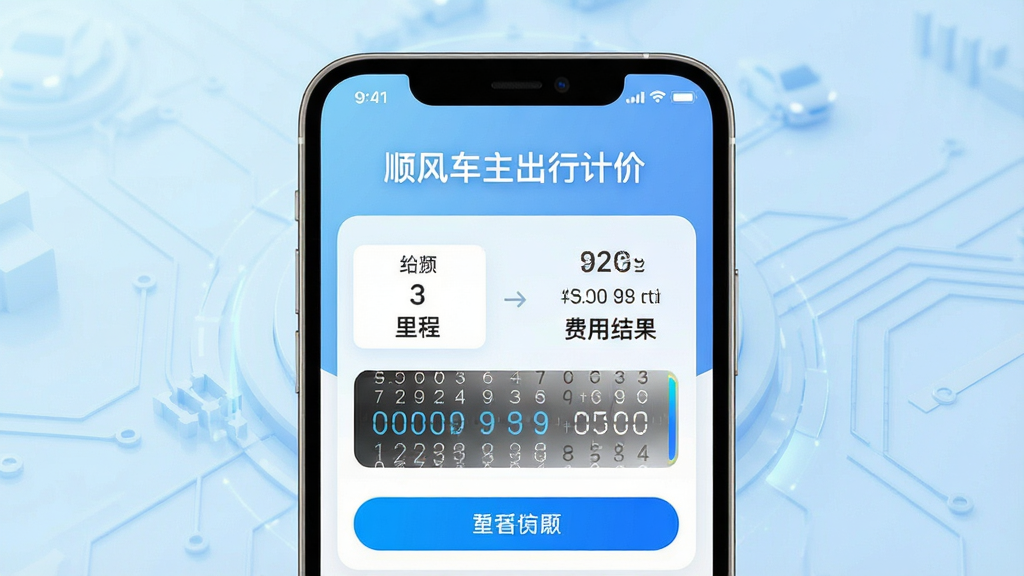 一张功能展示图,画面主体为手机屏幕中显示智能里程计价界面,屏幕上方标注“顺风车主出行计价”字样,中部为里程输入与费用结果对比展示,背景为淡蓝色科技感渐变,风格现代简洁,细节包含数字滚动效果、蓝色高亮按钮、清晰的信息层级,画质高清,干净,无多余元素