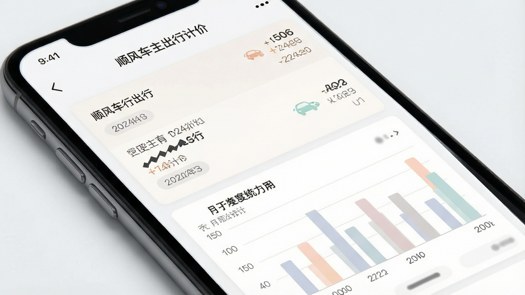 一张数据统计界面展示图,画面为手机屏幕中显示顺风车主出行计价的行程记录页面,屏幕内包含列表式行程条目与月度统计柱状图,顶部有“顺风车主出行计价”标识,背景为白色与浅灰搭配,风格干净商务,细节包含清晰的数字、日期标签、图表配色柔和,画质高清,干净,无多余元素