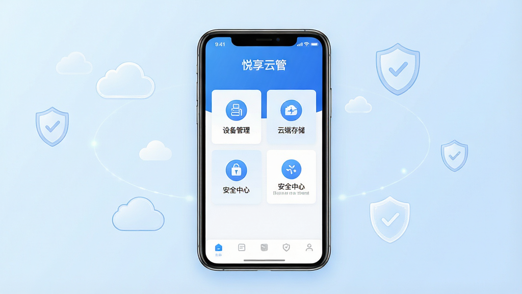画面中央展示一部智能手机,手机屏幕显示“悦享云管”应用主界面,界面以蓝白配色为主,包含设备管理、云端存储、安全中心等功能模块图标。背景为简洁的科技风格,淡蓝色渐变,周围漂浮着云朵和盾牌元素的简笔图标。整体布局采用居中构图,排版清晰,风格现代简约,细节精致,画质高清,干净无多余元素。