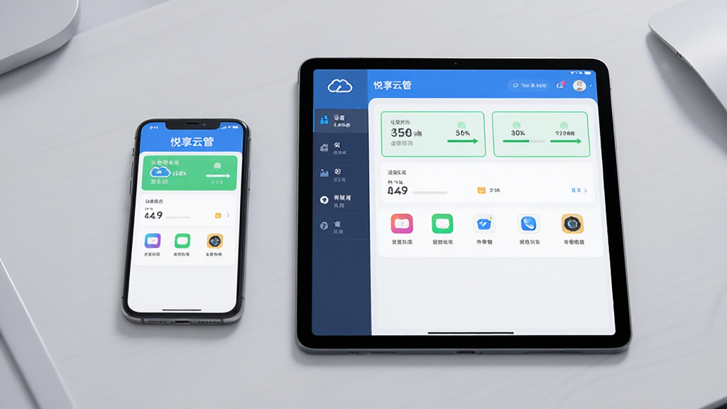 一部手机与平板电脑并排摆放,屏幕均显示“悦享云管”的设备管理面板,面板上有设备状态、存储条、应用图标等元素。背景为浅灰色桌面,光线柔和。布局为左右对称,风格清新商务,细节清晰,画质高,干净整洁,无多余装饰。