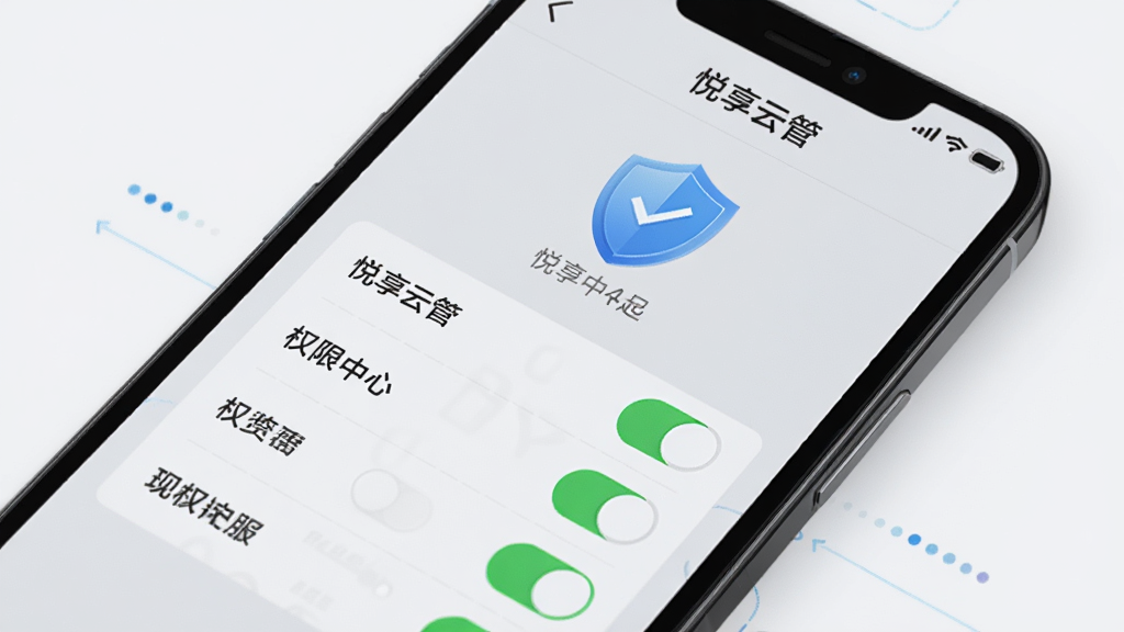 手机屏幕显示“悦享云管”的安全中心页面,页面上有盾牌图标和权限开关列表,部分开关呈绿色开启状态。背景为淡灰色,布局为上下结构,风格简洁安全,细节清晰,画质高,干净无多余元素。