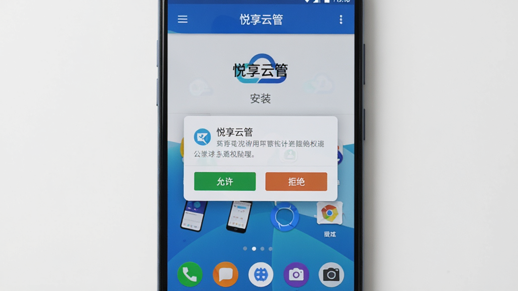 一部安卓手机屏幕显示“悦享云管”的安装界面,界面中有权限请求弹窗,弹窗上有允许和拒绝按钮。背景为简洁的桌面,布局为居中,风格写实,细节清晰,画质高,干净无杂乱。