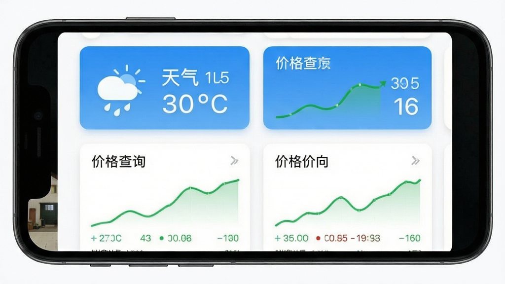 小渔农工具页面,画面展示手机屏幕内呈现天气预报与价格查询界面,布局为卡片式排版,风格简洁实用,细节包括蓝色天气图标、绿色价格曲线、白色背景,画质清晰,干净,无多余元素