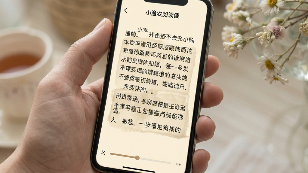 小渔农阅读界面,画面展示手机屏幕内呈现小说阅读页面,布局为全屏文字排版,风格柔和舒适,细节包括米黄色背景、黑色文字、底部进度条,画质高清,干净,无多余元素