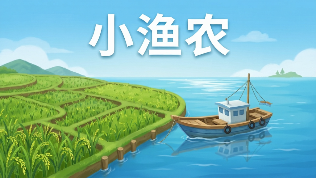 小渔农软件主界面截图,画面中央展示农田与渔船元素,上方有