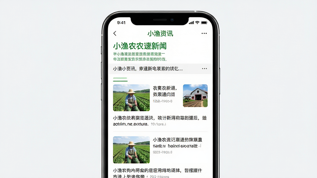 小渔农资讯页面展示,画面主体为手机屏幕内呈现农业新闻列表,布局为上下滚动式排版,风格现代简约,细节包括绿色标题、白色背景、新闻缩略图,画质清晰,干净,无多余元素