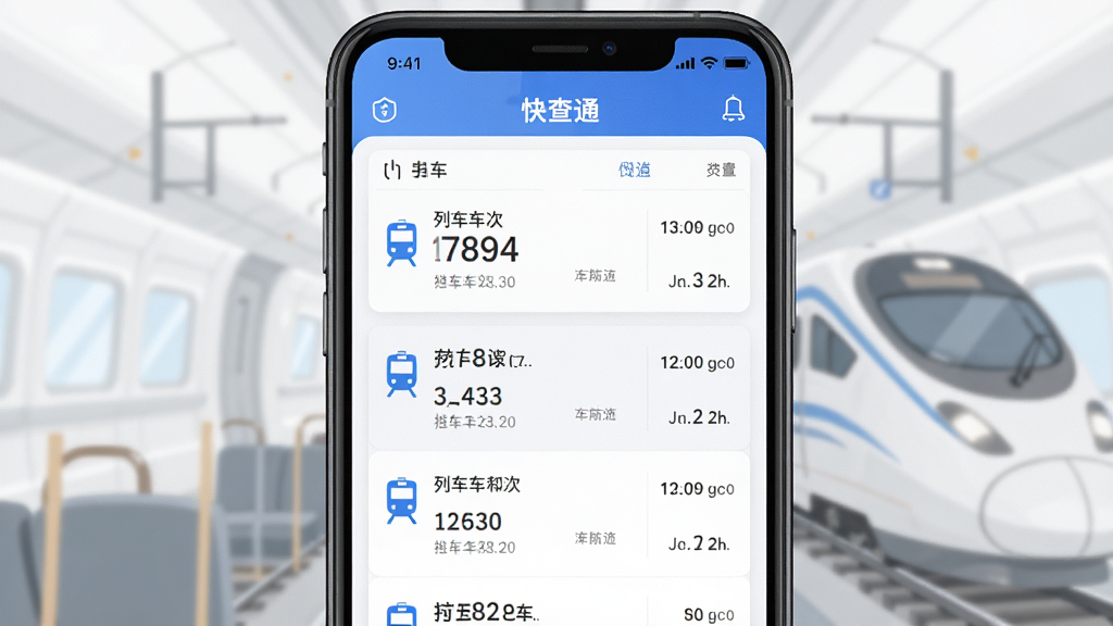 主体为一部智能手机,屏幕上显示高铁火车票快查通软件界面,界面中包含列车车次列表与时刻信息,布局简洁清晰,排版为手机正面竖屏展示,风格为现代科技感扁平化设计,细节包含蓝色调图标、白色背景、车次数字清晰可见,画质高清干净无多余元素