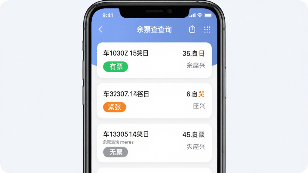 主体为高铁火车票快查通软件余票查询功能展示图,布局为手机屏幕中央显示余票状态列表,排版为卡片式排列,风格为柔和圆角商务风,细节包含绿色有票标签、橙色紧张标签、灰色无票标签、车次号与座位类型文字,画质高清干净无多余元素
