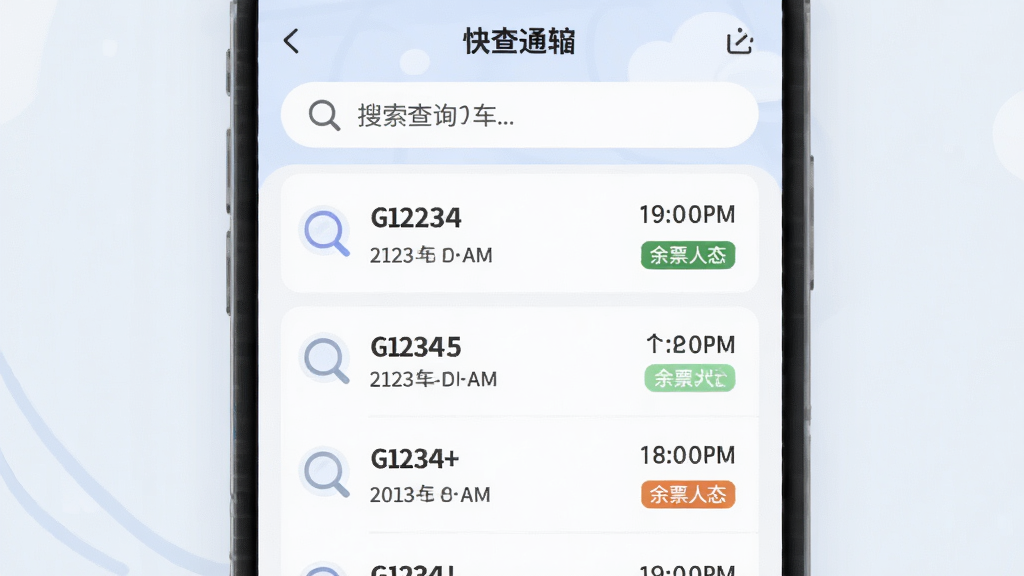 主体为高铁火车票快查通软件的信息查询界面截图风格插画,布局为上方搜索框下方车次列表,排版纵向排列,风格为清爽浅色系UI设计,细节包含放大镜图标、车次编号如G1234、时间数字、余票状态标签,画质高清干净无多余元素