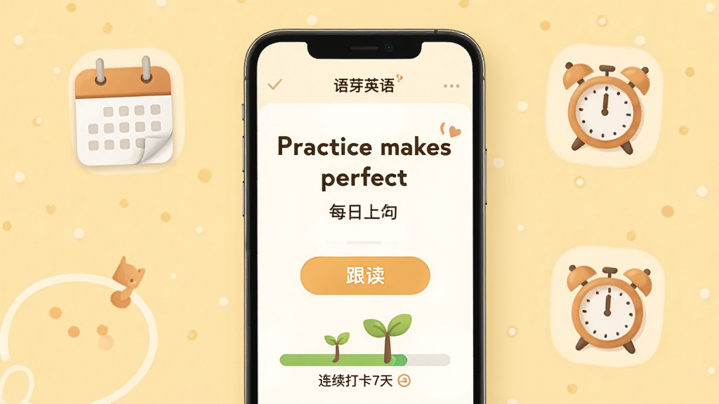 一张“语芽英语”每日一句打卡功能的效果图,画面中央是手机屏幕,屏幕显示一句英文“Practice makes perfect”和中文翻译,下方有“跟读”按钮和连续打卡7天的嫩芽成长进度条,手机周围有日历图标和闹钟图标,背景是温暖的浅黄色,风格温馨简约,画质清晰,无多余元素