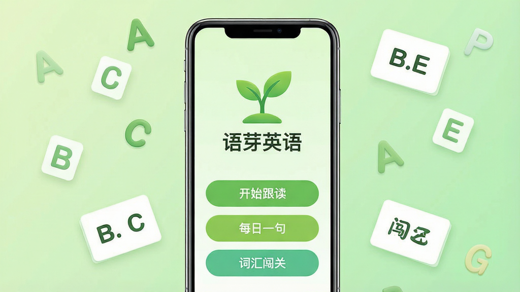 一张展示“语芽英语”手机应用界面的效果图,画面中央是一部立着的智能手机,屏幕显示语芽英语的首页,有绿色的嫩芽图标和“语芽英语”四个字,下方有“开始跟读”“每日一句”“词汇闯关”三个按钮,背景是柔和的浅绿色渐变,周围漂浮着字母A、B、C和单词卡片,整体风格清新简约,画质清晰干净,无多余元素