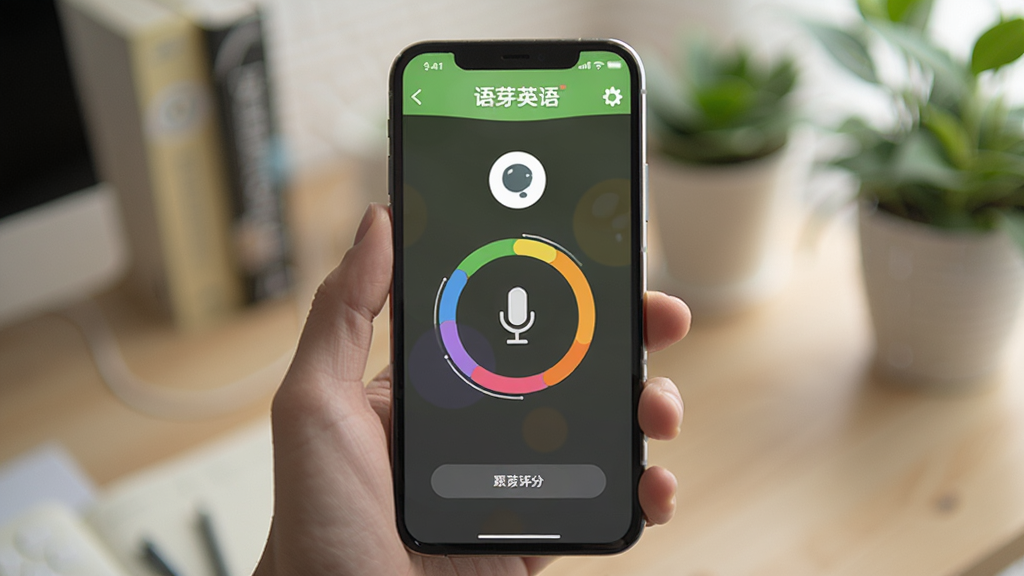 一张展示“语芽英语”移动端操作界面的效果图,画面中一只手拿着手机,手机屏幕显示语芽英语的跟读评分页面,有麦克风图标和彩色评分环,背景是虚化的书桌和绿植,风格生活化,画质清晰,无多余元素
