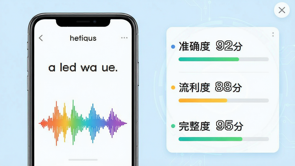 一张展示“语芽英语”智能跟读评分功能的界面截图风格效果图,画面左侧是手机屏幕,屏幕上显示一个英文句子和彩色声波对比图,右侧是评分面板,有“准确度92分”“流利度88分”“完整度95分”的字样,背景是淡蓝色,风格清爽科技感,画质清晰,无多余元素