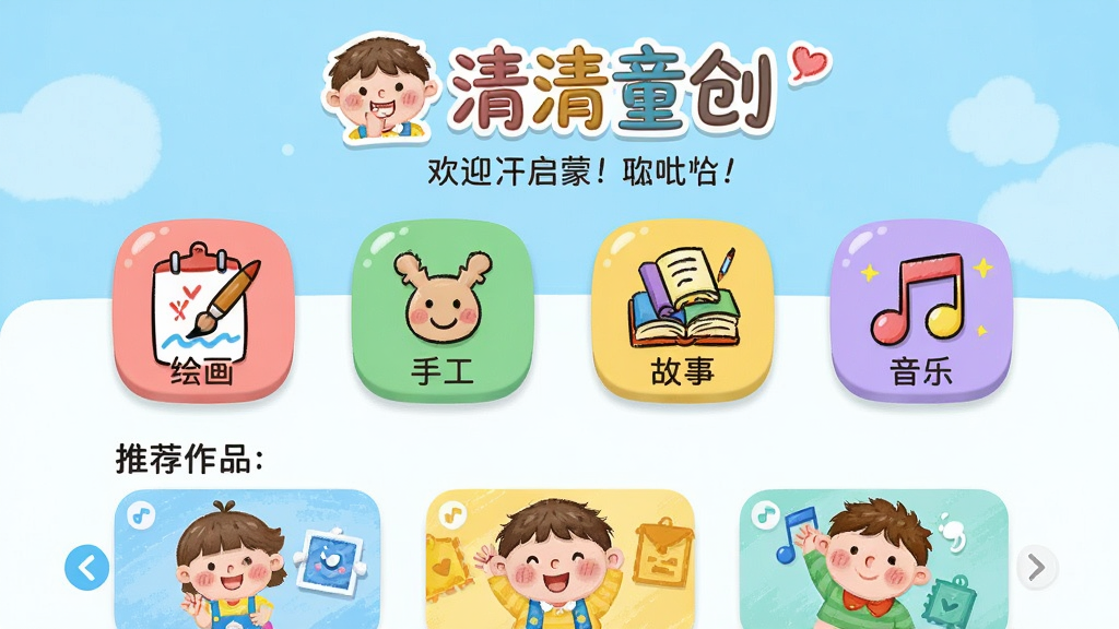 一款名为“清清童创”的儿童创意启蒙应用主界面,整体布局为上下结构,上方是卡通风格的品牌Logo和欢迎语,中间是四个彩色图标按钮分别代表绘画、手工、故事和音乐,下方是推荐作品轮播区。风格清新可爱,色彩明亮柔和,细节包括圆角图标、手绘风插画、儿童笑脸元素。画质清晰,干净整洁,无多余元素,画面中文字为“清清童创”。