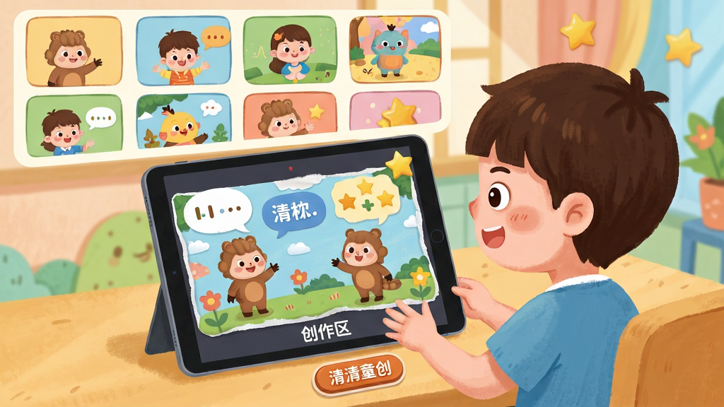 儿童故事创编空间,画面主体是一个小男孩对着平板讲故事,屏幕上显示卡通角色和场景拼贴画面。布局为上下结构,上方是素材库,中间是创作区,下方是录音按钮。风格为温馨卡通风,细节包括对话气泡、星星奖励、彩色背景。画质清晰,干净无多余元素,画面中文字为“清清童创”。
