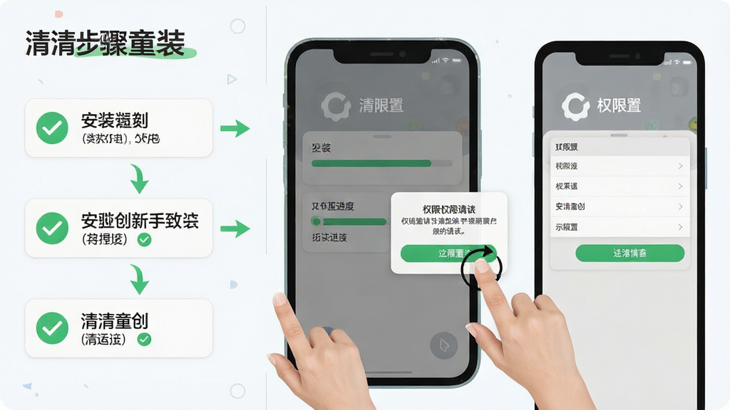 清清童创新手安装步骤示意图,画面主体是手机屏幕显示安装进度条和权限请求弹窗,旁边有手指点击操作的示意。布局为左右分栏,左侧是安装步骤,右侧是权限设置界面。风格为扁平化教程风,细节包括勾选标记、箭头指引、绿色对勾。画质清晰,干净无多余元素,画面中文字为“清清童创”。