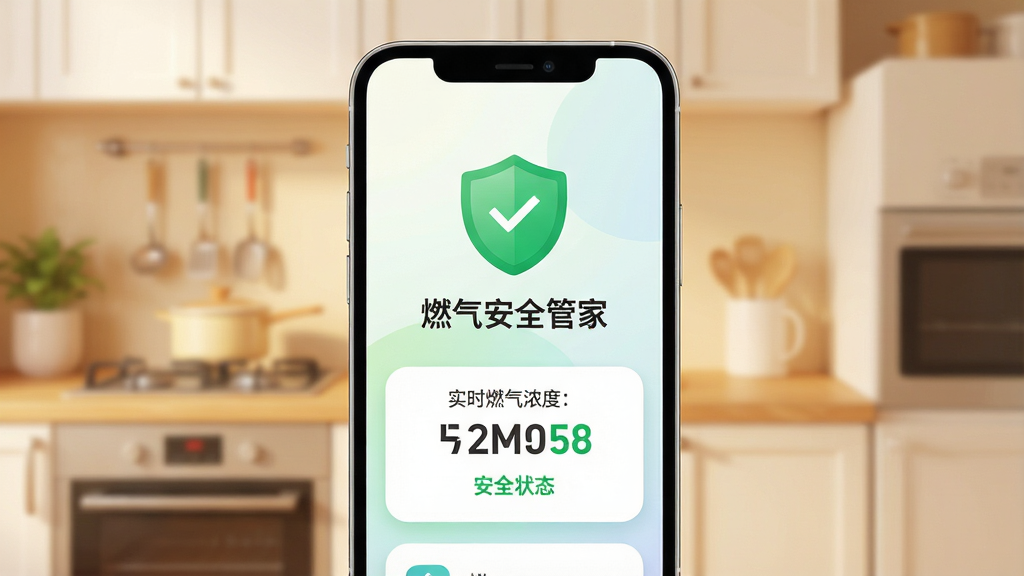 一个简洁现代的智能手机界面展示燃气安全管家应用的主页面,页面中央显示绿色的安全盾牌图标和