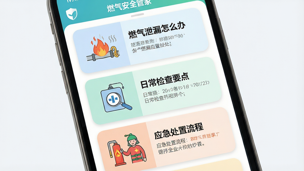 燃气安全管家应用内安全知识科普页面截图,画面展示手机屏幕中排列着多张图文卡片,卡片标题包括