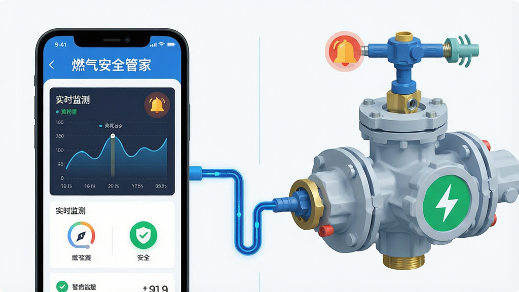燃气安全管家应用的功能展示图,画面左侧是手机屏幕显示实时监测数据仪表盘和