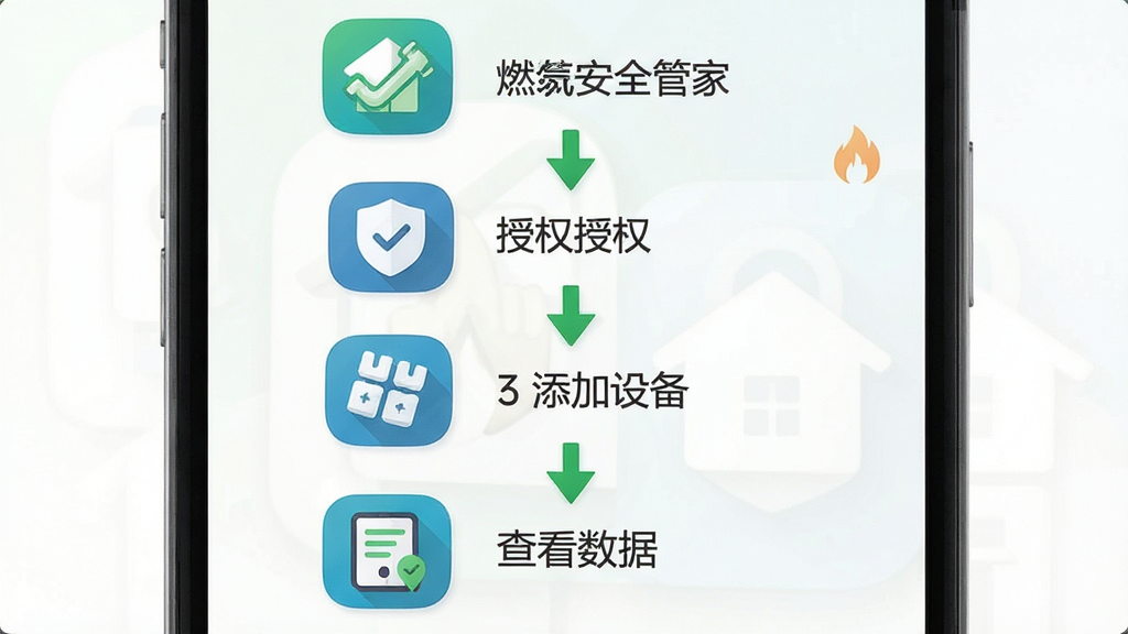 燃气安全管家应用在手机上的操作指引示意图,画面展示手机屏幕中分步骤显示安装、授权、添加设备和查看数据的流程,每一步配有简洁图标和简短文字说明,布局为纵向步骤条式,排版清晰,风格为扁平化教程插图,细节包括