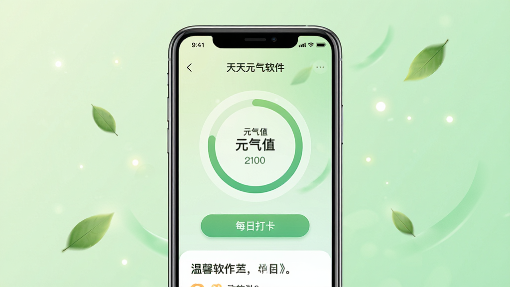 一幅展示天天元气软件主界面的手机屏幕预览图,画面中央是一部竖直放置的智能手机,屏幕上显示着清新自然的健康生活应用界面,包含元气值环形进度条、每日打卡按钮和温馨的问候语文字,背景是柔和的浅绿色渐变,周围点缀着几片飘落的叶子和小光点,整体风格清新简约,画质清晰干净,无多余元素