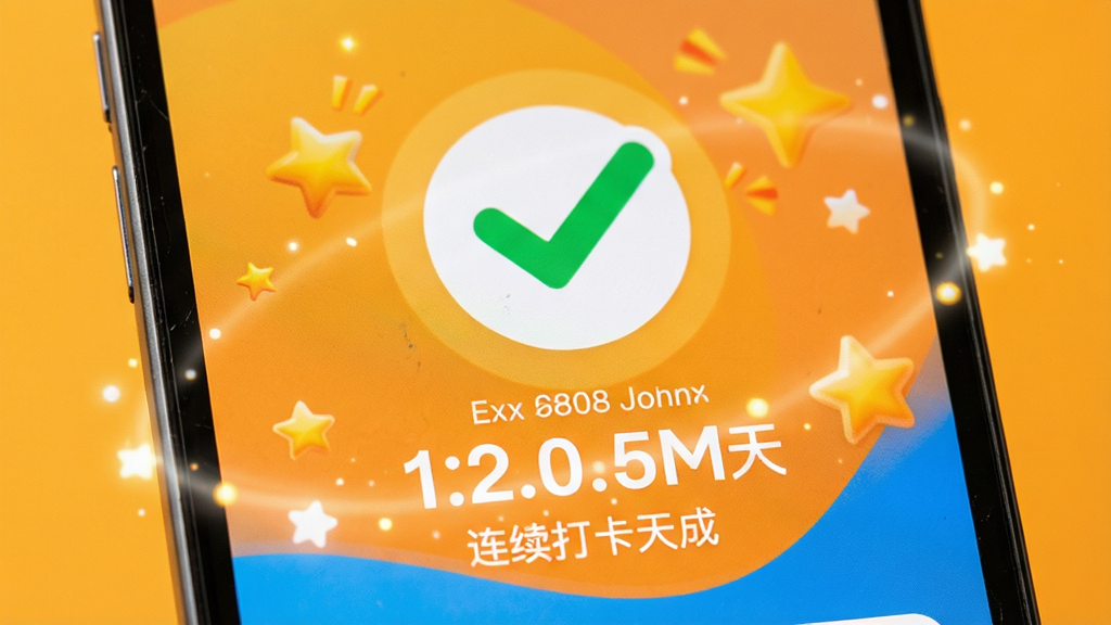一部手机屏幕特写,画面中显示天天元气软件的每日打卡完成界面,屏幕上有一个醒目的对勾图标和连续打卡天数数字,背景是温暖的橙黄色调,周围环绕着星星和光晕效果,画面风格活泼明快,画质细腻清晰,无杂乱元素