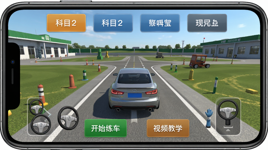 驾考宝典科目二软件主界面全貌展示,手机屏幕中央显示3D练车场景,屏幕上方有科目二项目选择按钮,下方有开始练车和视频教学入口,背景为驾校训练场环境,风格写实清晰,细节丰富,画质高清干净无多余元素