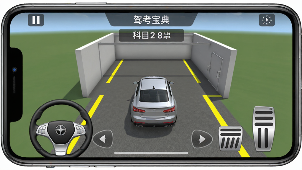 驾考宝典科目二3D实景模拟练车界面,手机横屏显示车辆在倒车入库项目中,画面中有黄色边线、车库轮廓和车辆模型,屏幕下方有方向盘和踏板控制按钮,画面上方显示当前项目名称和操作提示,风格写实三维渲染,细节清晰,画质高清干净无多余元素