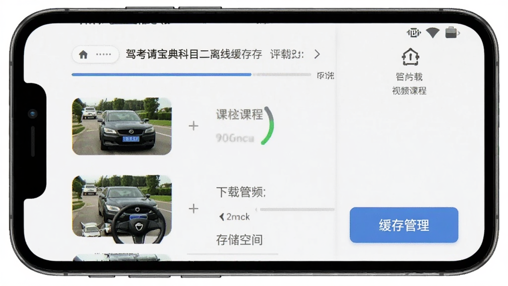 驾考宝典科目二离线缓存页面,手机屏幕显示已下载的视频课程列表和缓存管理按钮,画面中有下载进度条和存储空间提示,风格简洁实用,细节清晰,画质高清干净无多余元素