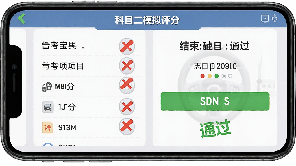 驾考宝典科目二模拟考试评分界面,手机屏幕显示考试结束后的成绩单,包含各项扣分项目和总分,画面中有红色扣分标记和绿色通过标识,风格简洁直观,细节清晰,画质高清干净无多余元素