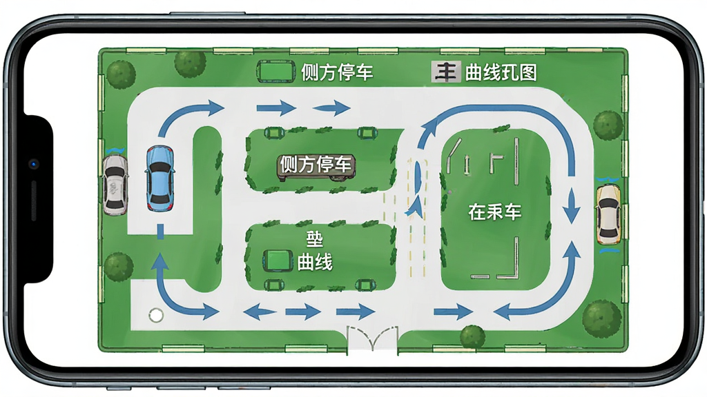 驾考宝典科目二考场地图页面,手机屏幕显示考场平面布局图,标注了倒车入库、侧方停车、曲线行驶等项目位置和行驶路线箭头,风格简洁清晰,细节丰富,画质高清干净无多余元素
