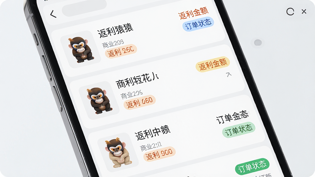 返利猿APP购物返利订单追踪界面预览图,主体为手机屏幕特写,屏幕中展示返利订单列表,每条订单显示商品缩略图、商品名称、返利金额和订单状态标签,布局为垂直列表排版,风格为清爽浅色系UI,细节上状态标签用不同颜色区分,画质高清,干净,无多余元素