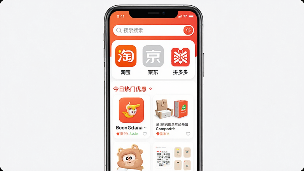 返利猿手机APP主界面预览图,主体是一部竖屏智能手机,屏幕中显示购物返利APP首页,顶部为搜索框,中部有“淘宝”“京东”“拼多多”等电商平台图标入口,下方为今日热门优惠商品列表,整体布局清晰,排版居中,风格为现代扁平化UI设计,细节上图标圆润、配色以橙红和白色为主,画质高清,干净,无多余元素