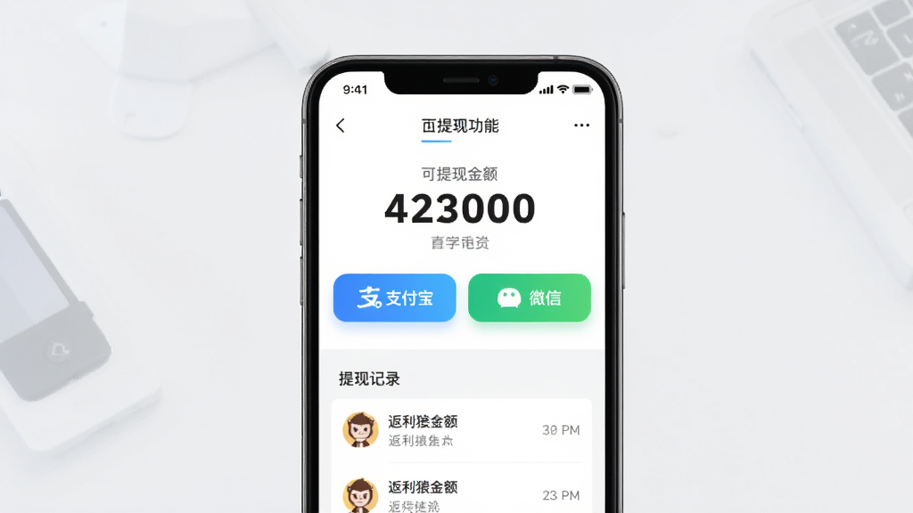 返利猿APP提现功能界面预览图,主体为手机屏幕中提现页面,屏幕显示可提现金额数字、支付宝和微信提现按钮、提现记录列表,布局为上下结构排版,风格为简约现代UI,细节上按钮有渐变色彩,数字字体加粗醒目,画质高清,干净,无多余元素