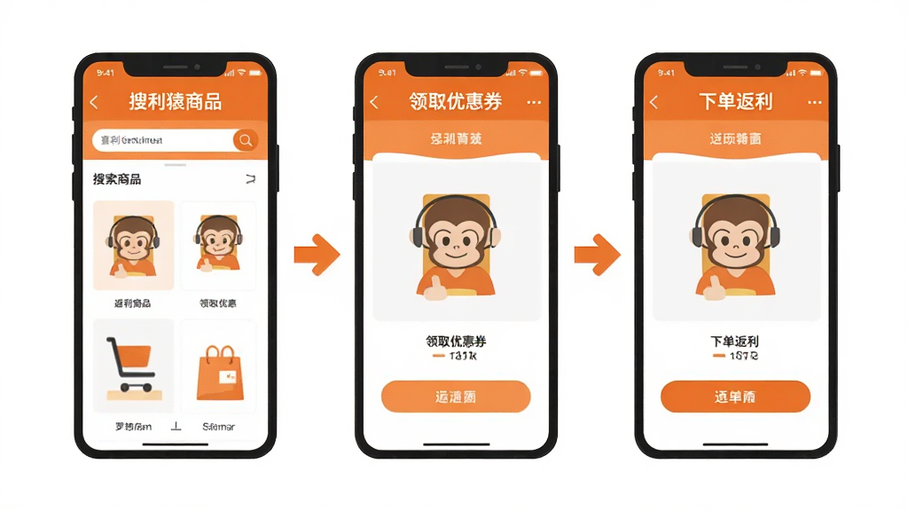 返利猿APP在安卓手机上的操作流程示意图,主体为三部手机并排展示,从左到右分别显示搜索商品、领取优惠券、下单返利三个步骤界面,布局为横向排列,风格为扁平化插画风格,细节上用箭头连接三个手机屏幕,配色统一为橙色和白色,画质高清,干净,无多余元素
