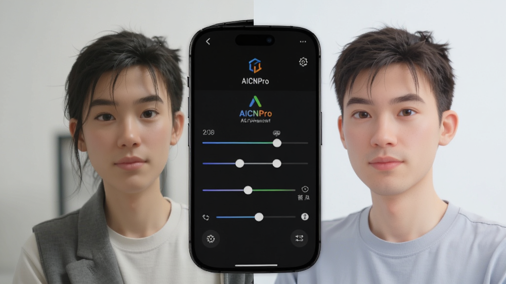 一张展示 AICNPro 图像增强功能的对比图,左侧是原图,右侧是增强后的效果,画面明亮清晰,色彩饱满,手机界面中显示调整滑块,整体风格简洁专业,画质高清,无杂乱元素