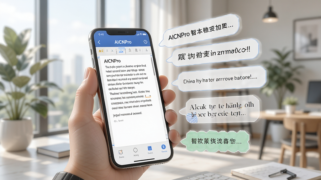 一幅展示 AICNPro 智能文本辅助功能的场景图,画面中一只手拿着手机,手机屏幕显示文本编辑界面,旁边浮现出几条不同风格的文本建议气泡,背景是明亮的室内环境,风格写实,细节丰富,画质清晰,画面中出现“AICNPro”字样