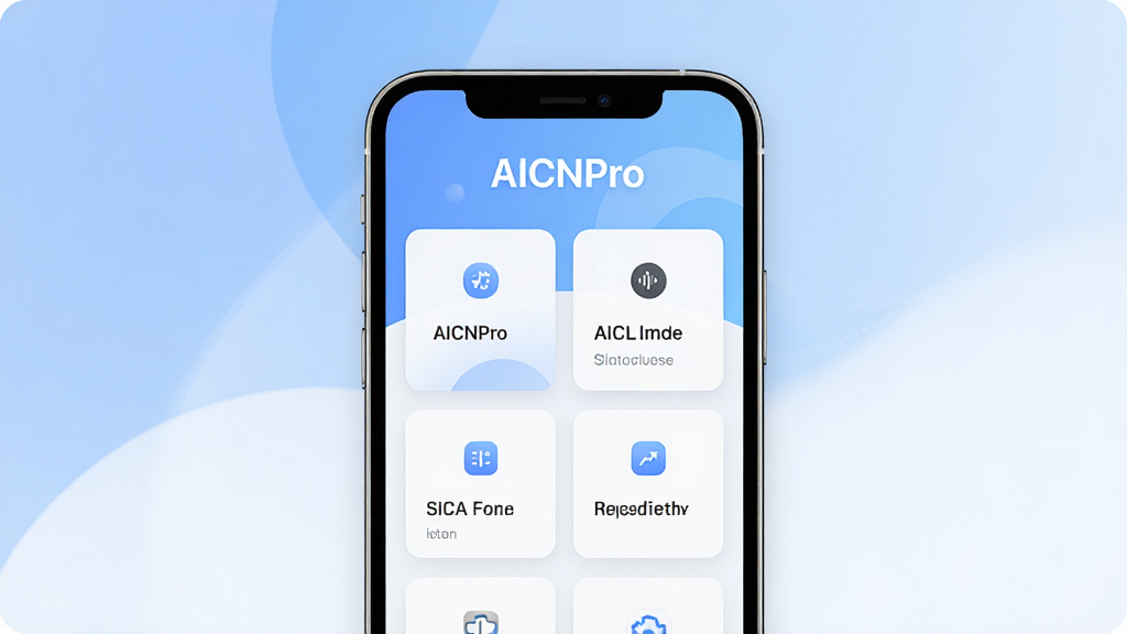 一张展示 AICNPro 软件主界面的效果图,画面中央是手机屏幕,屏幕内呈现简洁的卡片式功能布局,顶部有“AICNPro”文字标识,背景为柔和的蓝白渐变,风格干净现代,细节清晰,画质高清,无多余元素