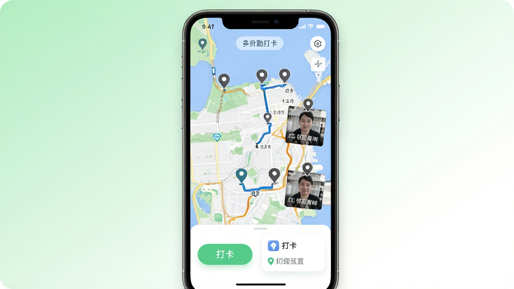 多维适考勤外勤打卡与位置记录功能展示图,主体为手机屏幕显示地图定位界面,屏幕内呈现地图轨迹路线、打卡点标记、拍照水印照片缩略图。布局为居中构图,背景为浅绿色与白色渐变。排版上地图区域占主要位置,底部为打卡按钮与信息卡片。风格为现代地图导航UI设计。细节包括定位图标、轨迹线条、时间戳、水印文字。画质高清,干净无多余元素。