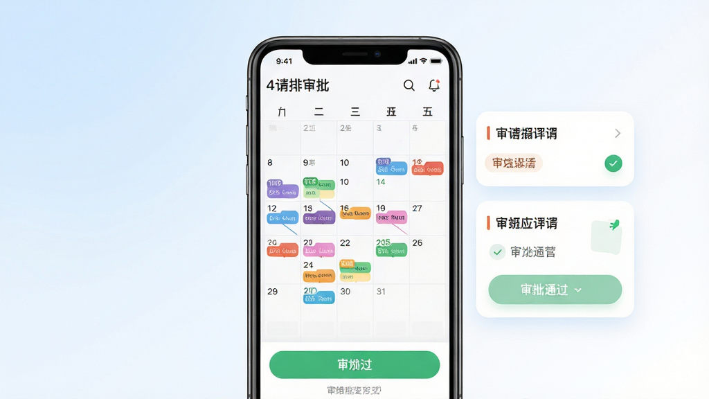 多维适考勤智能排班与请假审批功能展示图,主体为手机屏幕显示排班日历与审批列表,屏幕内呈现彩色班次标记、请假申请卡片、审批通过按钮。布局为居中构图,背景为淡蓝色与白色渐变。排版上日历网格清晰,审批卡片圆角设计。风格为现代移动端UI设计,清新简洁。细节包括日期数字、班次颜色标签、审批状态图标。画质高清,干净无多余元素。
