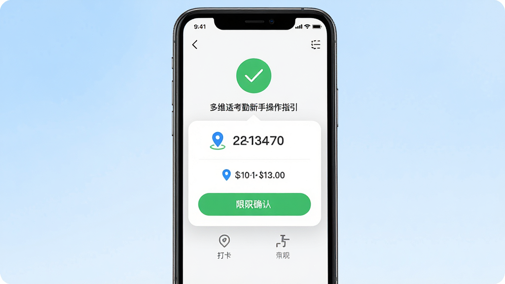 多维适考勤新手操作指引图,主体为手机屏幕显示打卡成功界面与权限设置弹窗,屏幕内呈现绿色对勾、打卡时间、定位图标、权限允许按钮。布局为居中构图,背景为浅蓝色渐变。排版上手机屏幕内容清晰,弹窗位于屏幕中央。风格为现代移动端UI设计,简洁友好。细节包括权限图标、打卡时间数字、确认按钮。画质高清,干净无多余元素。