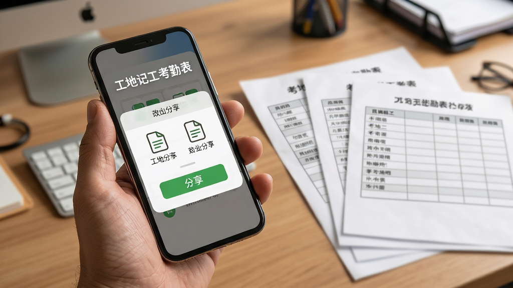 画面主体是一只手拿着手机,手机屏幕显示“工地记工考勤表”的导出分享菜单,旁边放着几张打印好的考勤表格。布局采用对角线构图,手机与纸质表格形成呼应。排版上突出屏幕上的分享按钮和表格文件图标。风格偏向写实商务。细节包括手指的纹理、纸张的质感以及背景中模糊的办公桌环境。画质要求高清、干净、无多余干扰元素,整体色调温暖。